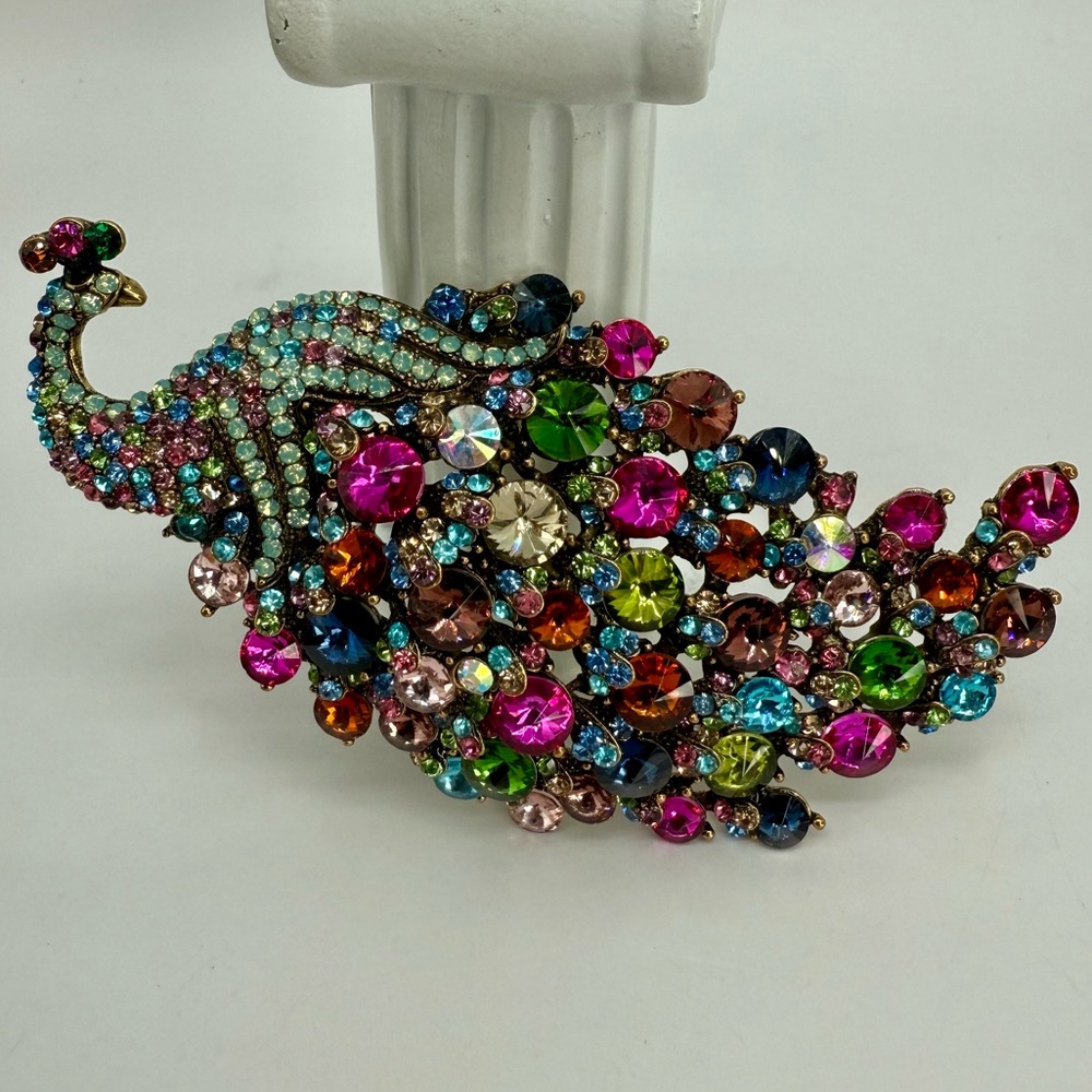 Kirk’s Folly Large Multicolor Rhinestone Peacock Brooch Pin/Pendant 5” Statement - Picture 12 of 17